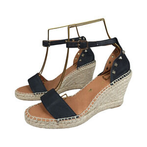 Maypol Black Leather Studded Espadrille Wedge Sandals Sz. 7.5